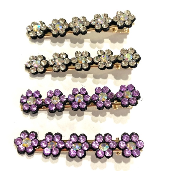 Hair Clips Clear And Purple Rhinestone Flowers Gold Tone Set Of 4 - Picture 2 of 4